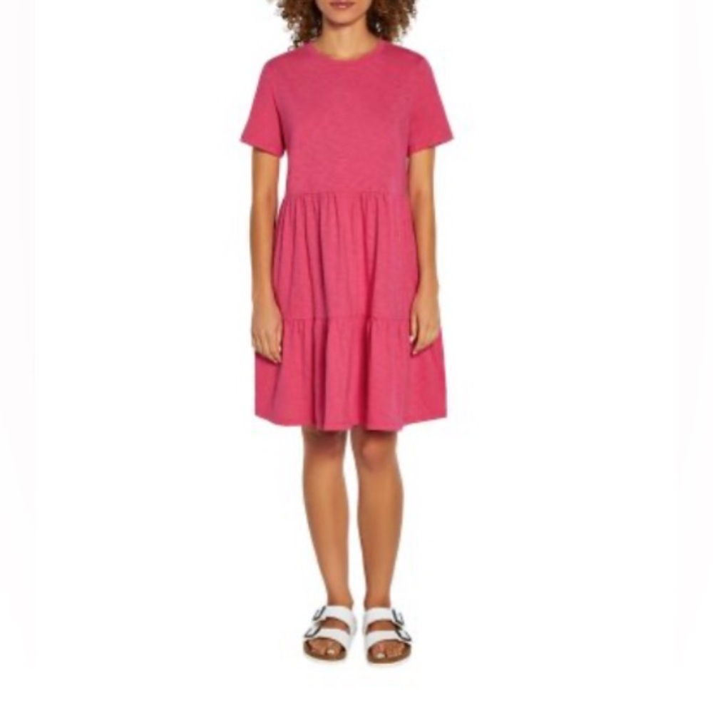 NWT Gap Fushia 💯% Cotton Short Sleeve Tiered Dress with Pickets |Size XL